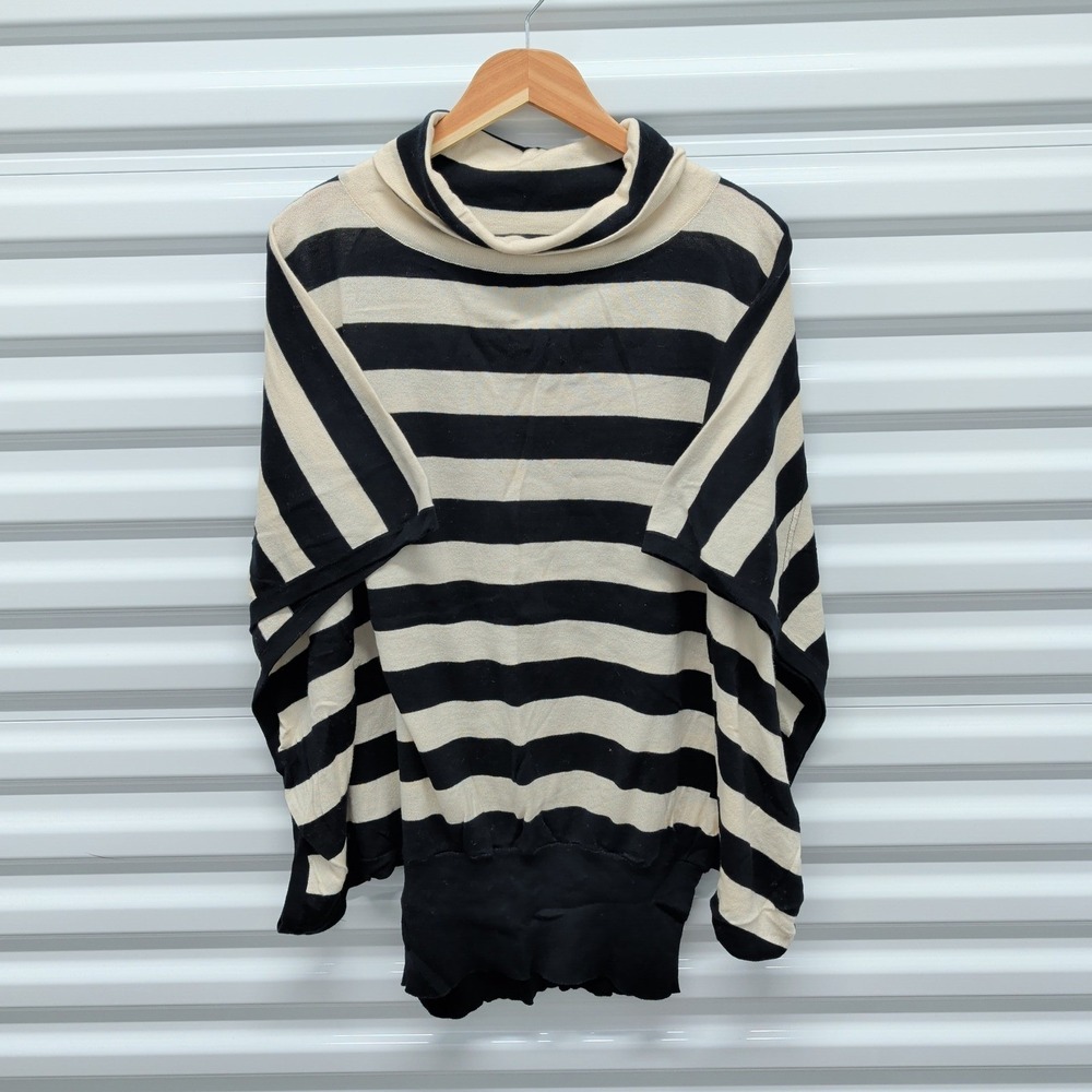 Planet by Lauren G Striped Poncho Sweater OS Womens Black Cream Funnel Neck — photo 2